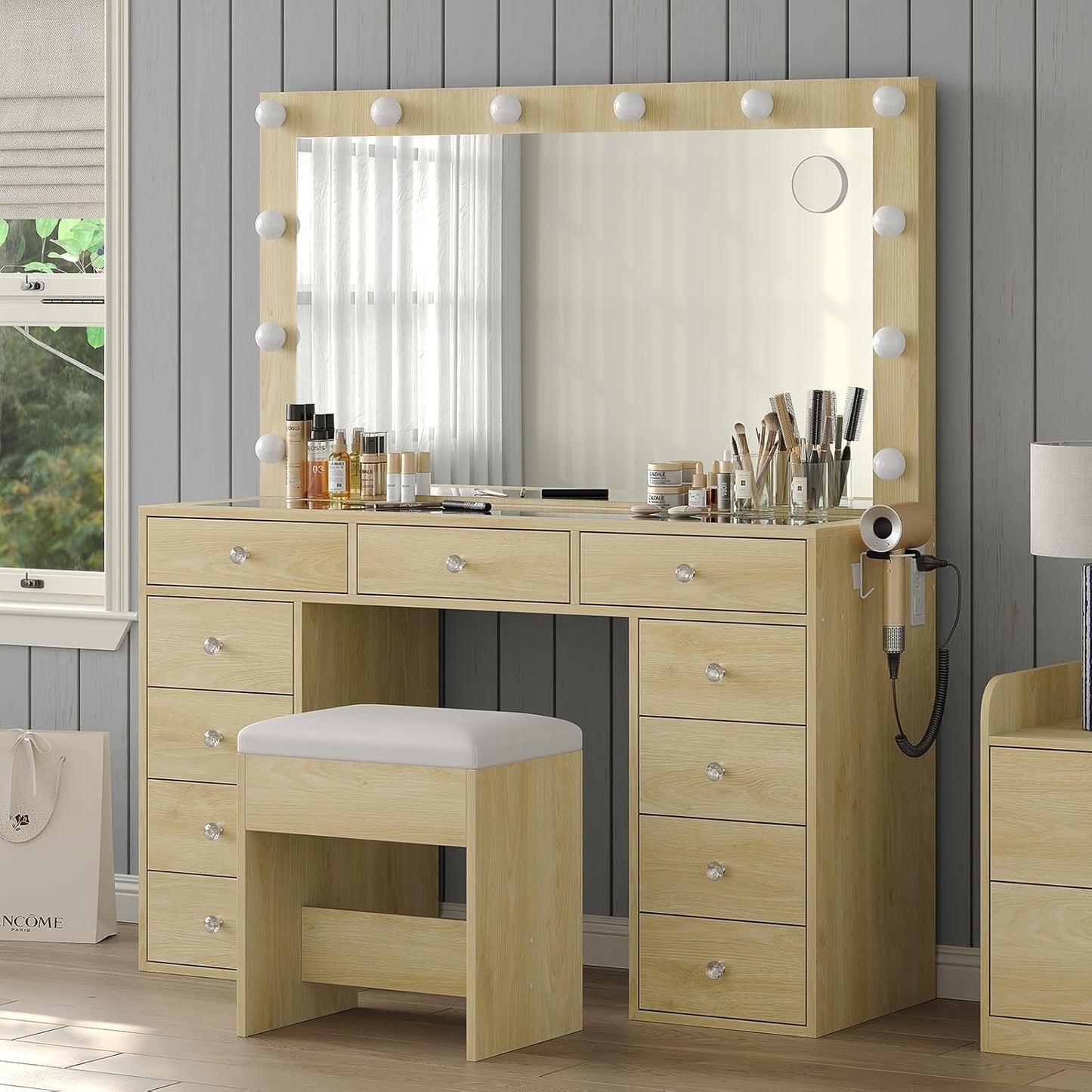 Vanity Desk with Power Outlet & LED Lights Set, Glass Top, 11 Drawers, FUSOU