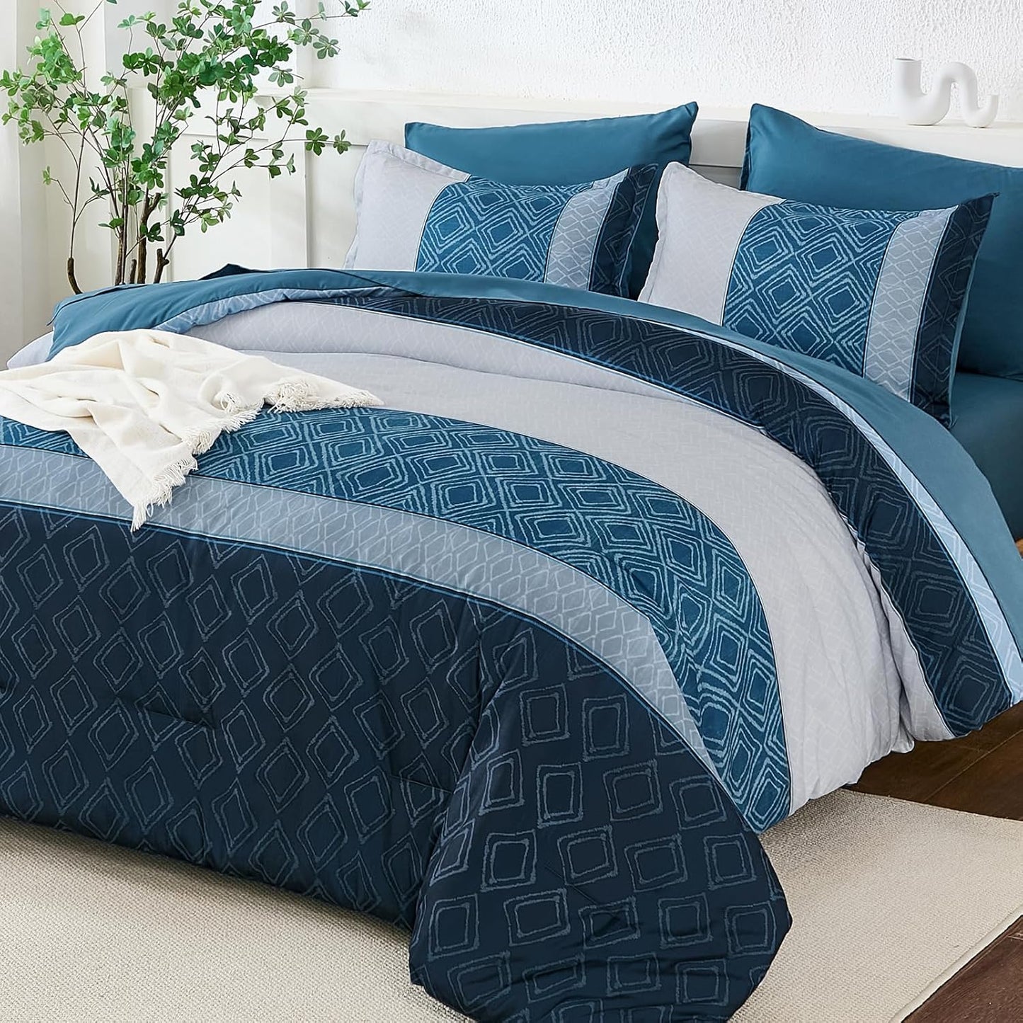 Dinjoy Queen Comforter Set Navy Blue, 7 Piece Boho Bedding