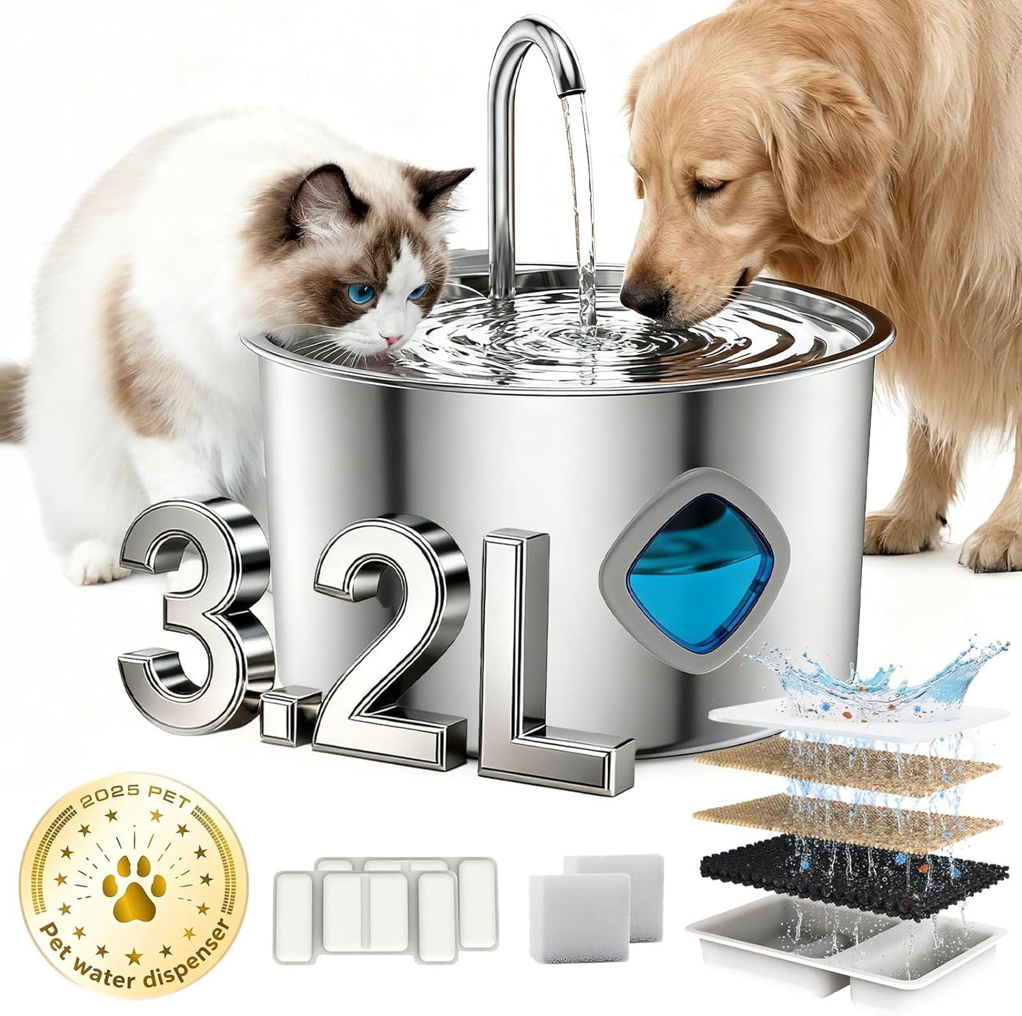 Pawdrate Stainless Steel Dog Water Fountain with Quadruple Filtration