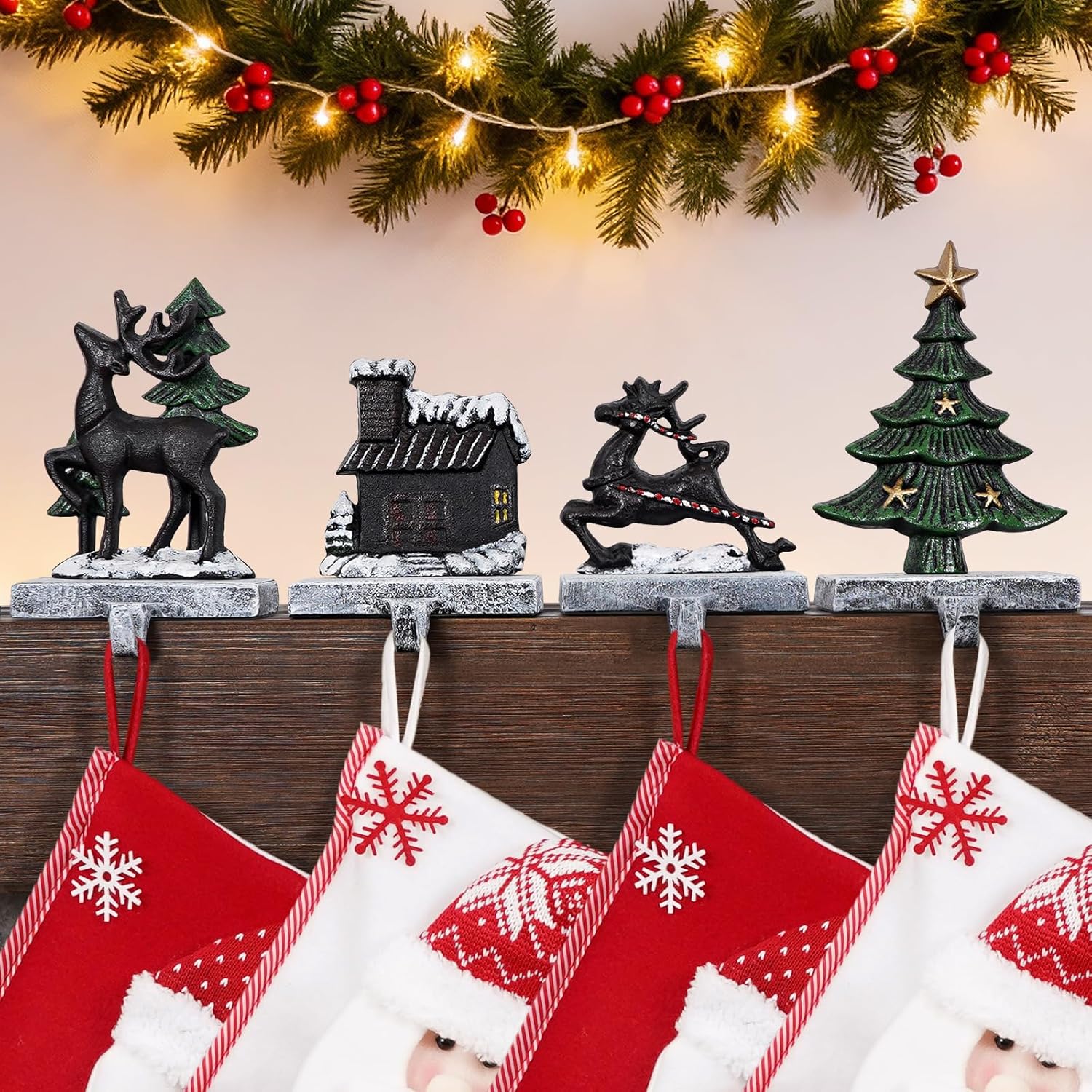 Durable Cast Iron Christmas Stocking Holders for Mantel Set