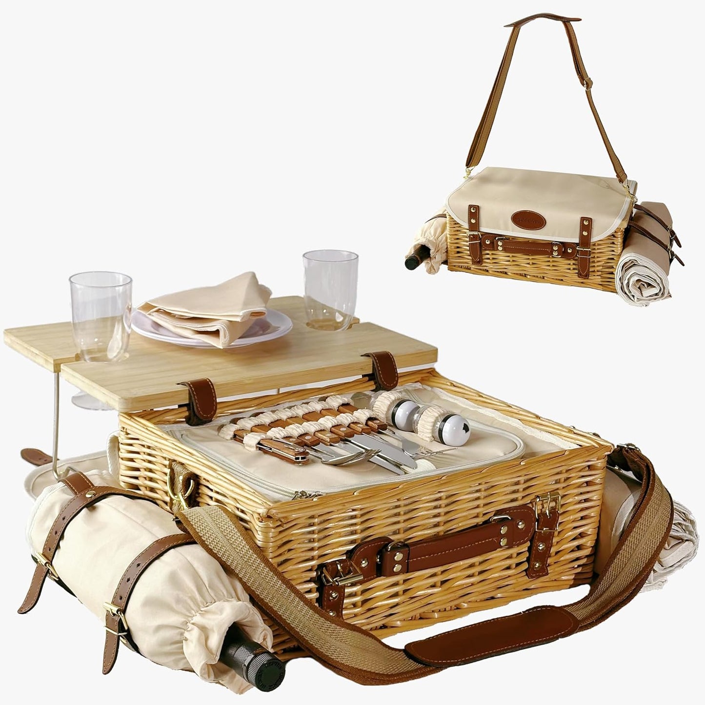 Large Wicker Picnic Basket Kit Set for 2 Adults with Blanket