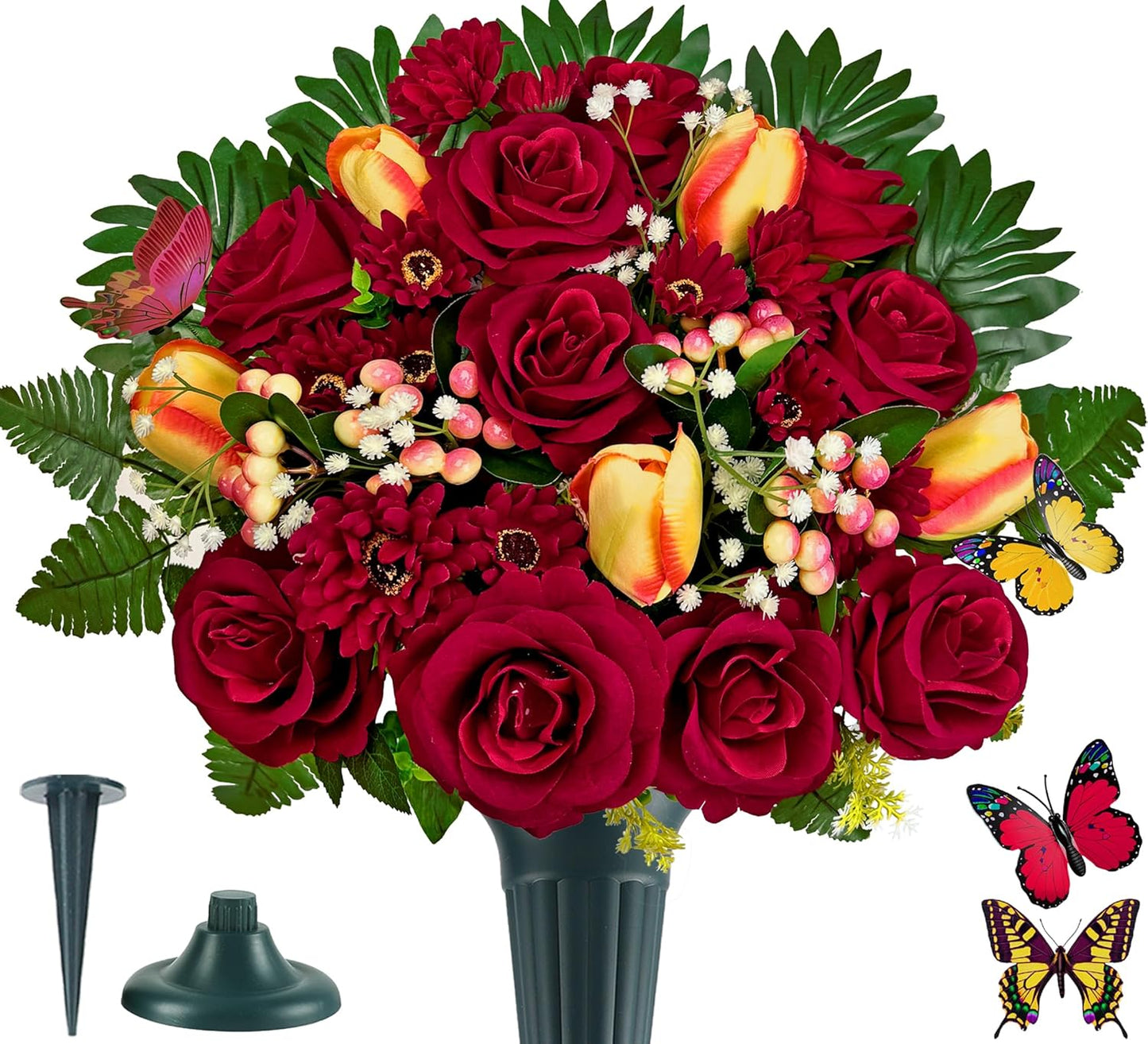 Artificial Cemetery Flowers for Grave with Red Rose and Daisies