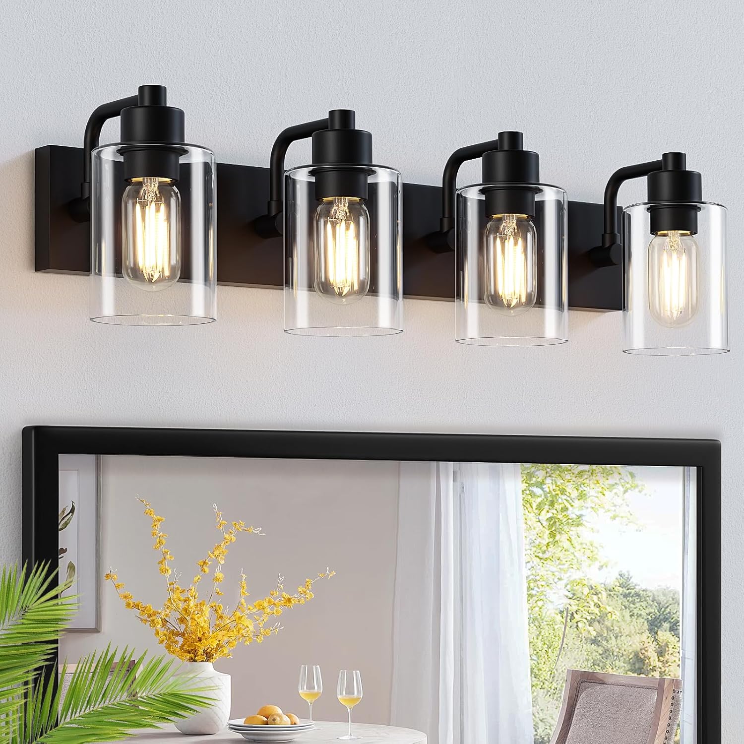 Modern Matte Black 4-Light Bathroom Vanity Light with Glass Shade