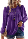 Womens Fall Crewneck Long Sleeve Chiffon Blouse - Flowy Lace Hem