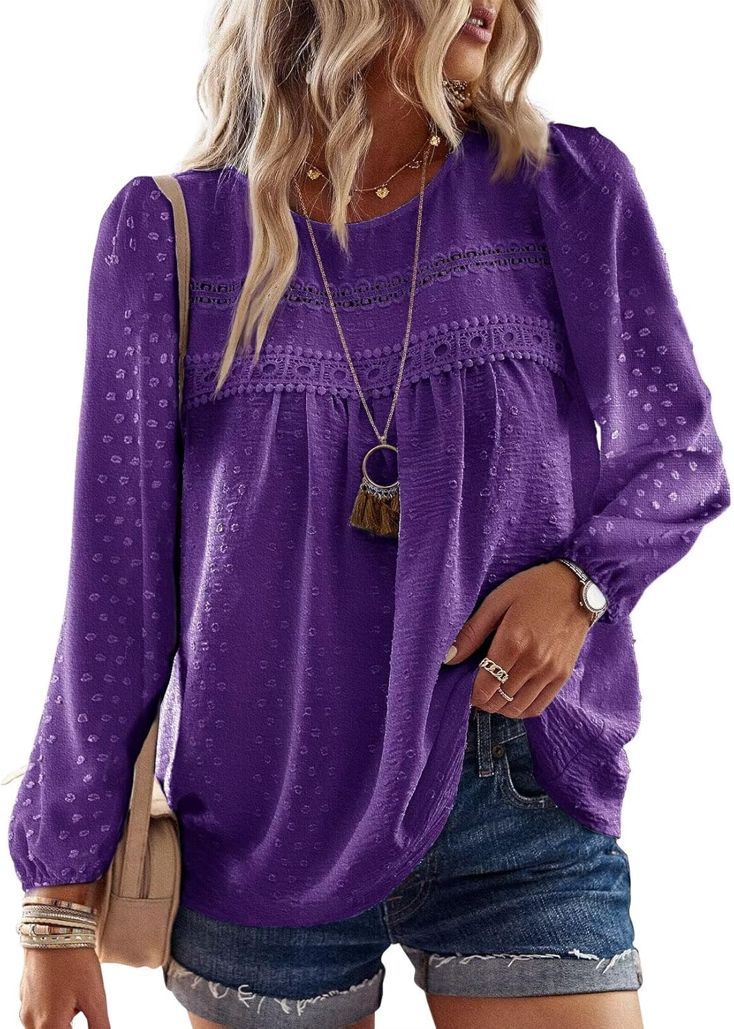 Womens Fall Tops Crewneck Long Sleeve Casual Chiffon Blouses