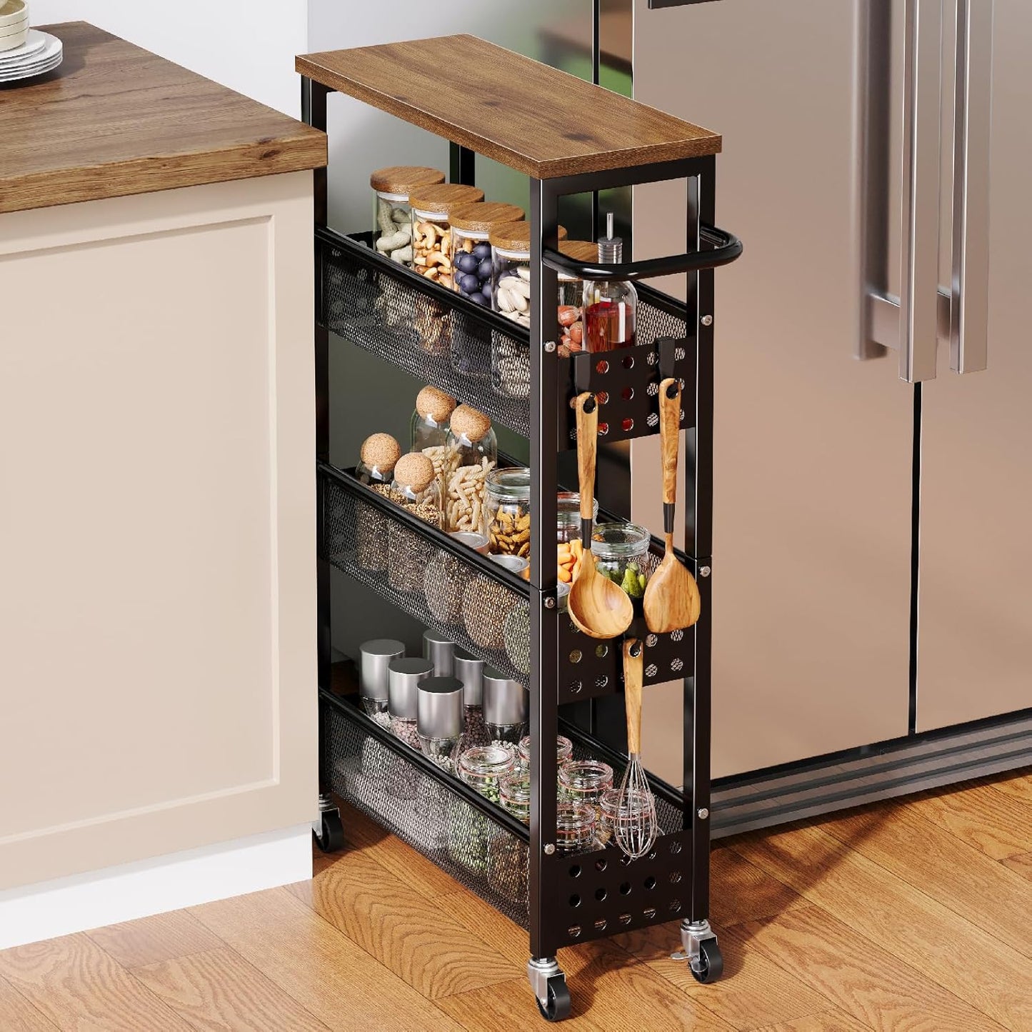 Slim Rolling Cart with Wheels & Wooden Top for Small Spaces