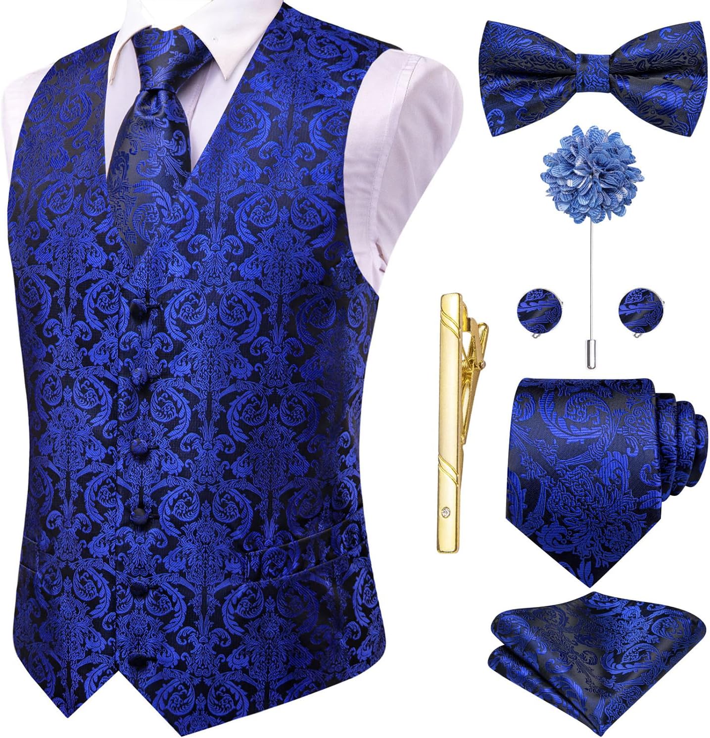 Hi-Tie Silk Mens Suit Vest Set with Tie, Bowtie and Accessories