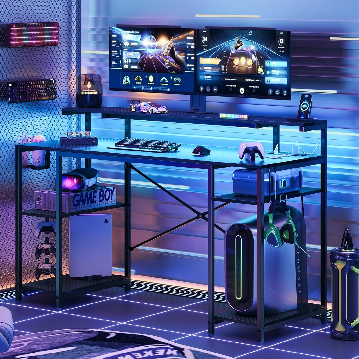 55 Gaming Desk: Power Outlets, LED Lights, Cup Holder