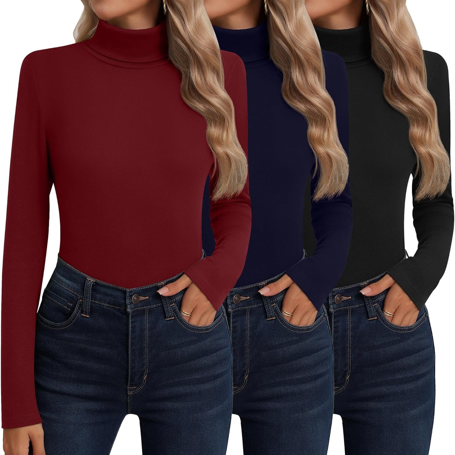Neer 3 Pack Cotton Women's Turtleneck Long Sleeve Tops