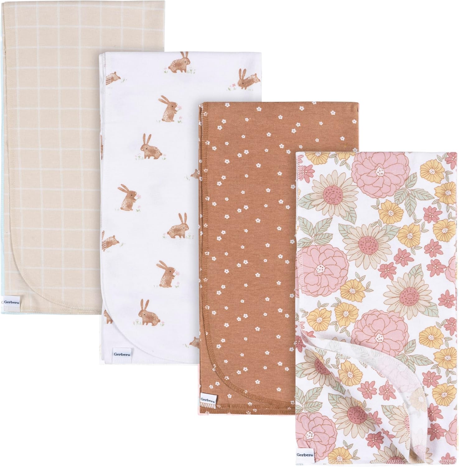 Gerber 100% Cotton Flannel Baby Blankets - Pack of 4, Retro Floral Design