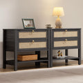 Rattan Night Stand Set of 2 - Narrow Boho Bedside Tables with Drawers