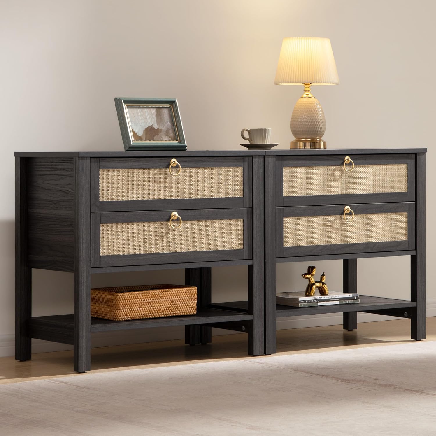 SICOTAS Night Stand Set of 2 - Boho Rattan Bedside Tables