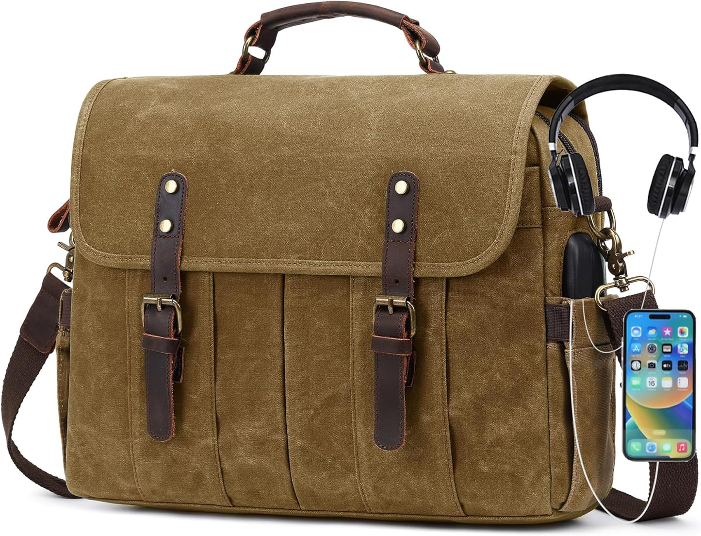 Vintage Canvas Messenger Bag for Men with Genuine Leather