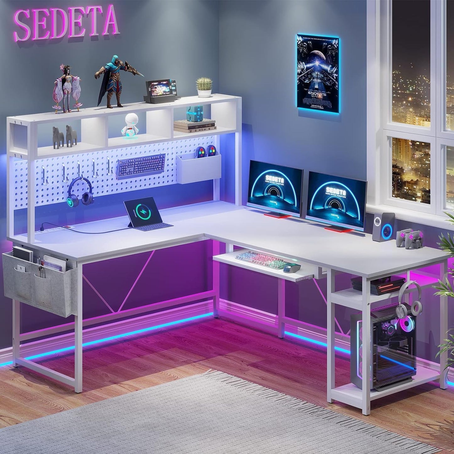 SEDETA White L Shaped Gaming Desk with Power Outlet and LED Lights