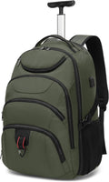 17 in Rolling Backpack for Men and Women - Green Carry On Travel Bag