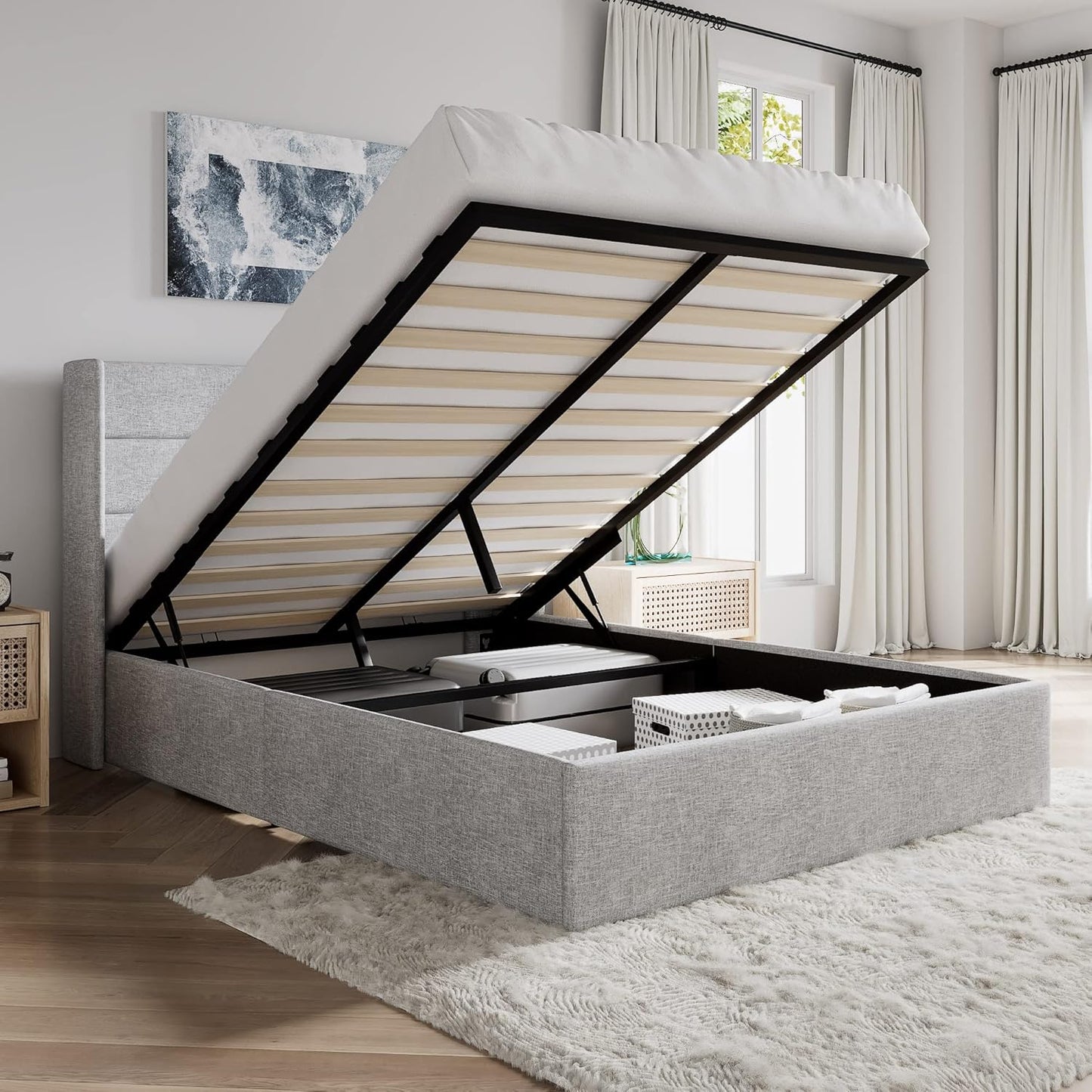 SHA CERLIN Full Size Lift Up Storage Bed with Wingback Headboard