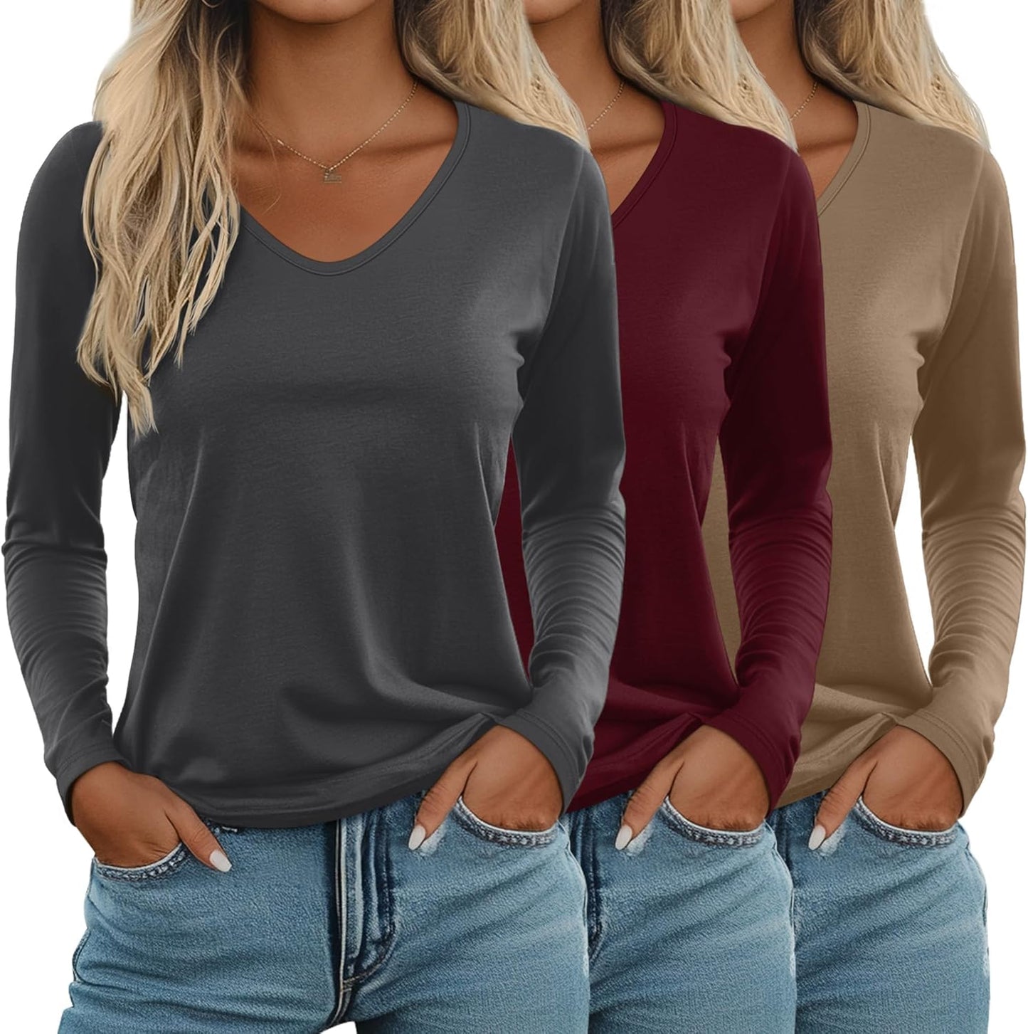 Ficerd Women's Long Sleeve V Neck T Shirts - Casual Trendy Tops