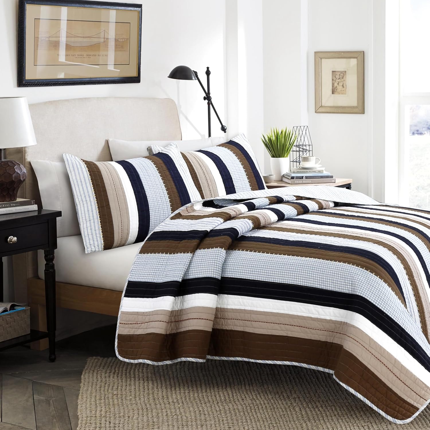 Cozy Line Home Fashions Sailor Navy Blue Star Striped Quilt Set
