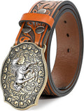 Western Leather Buckle Belt for Men - Removable Alloy Buckle, Carved