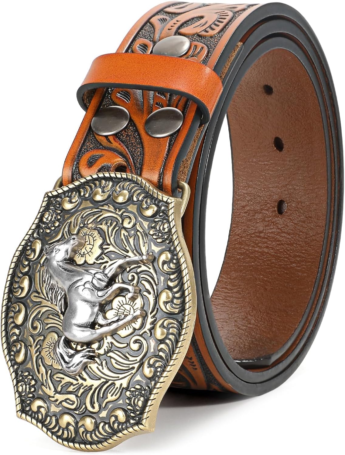 Western Leather Buckle Belt for Men Women - Unique Cowboy Style