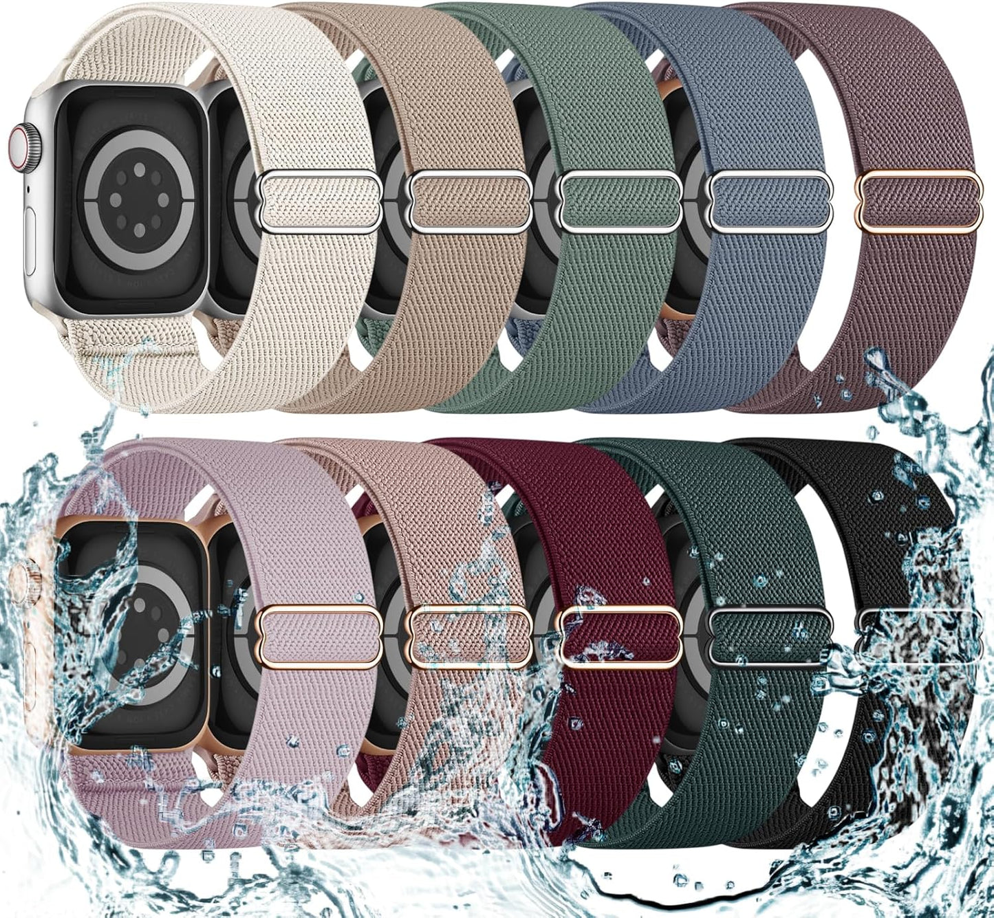 Water-Resistant 10 Pack Stretchy Bands for Apple Watch - Compatible with Multiple Sizes & Series