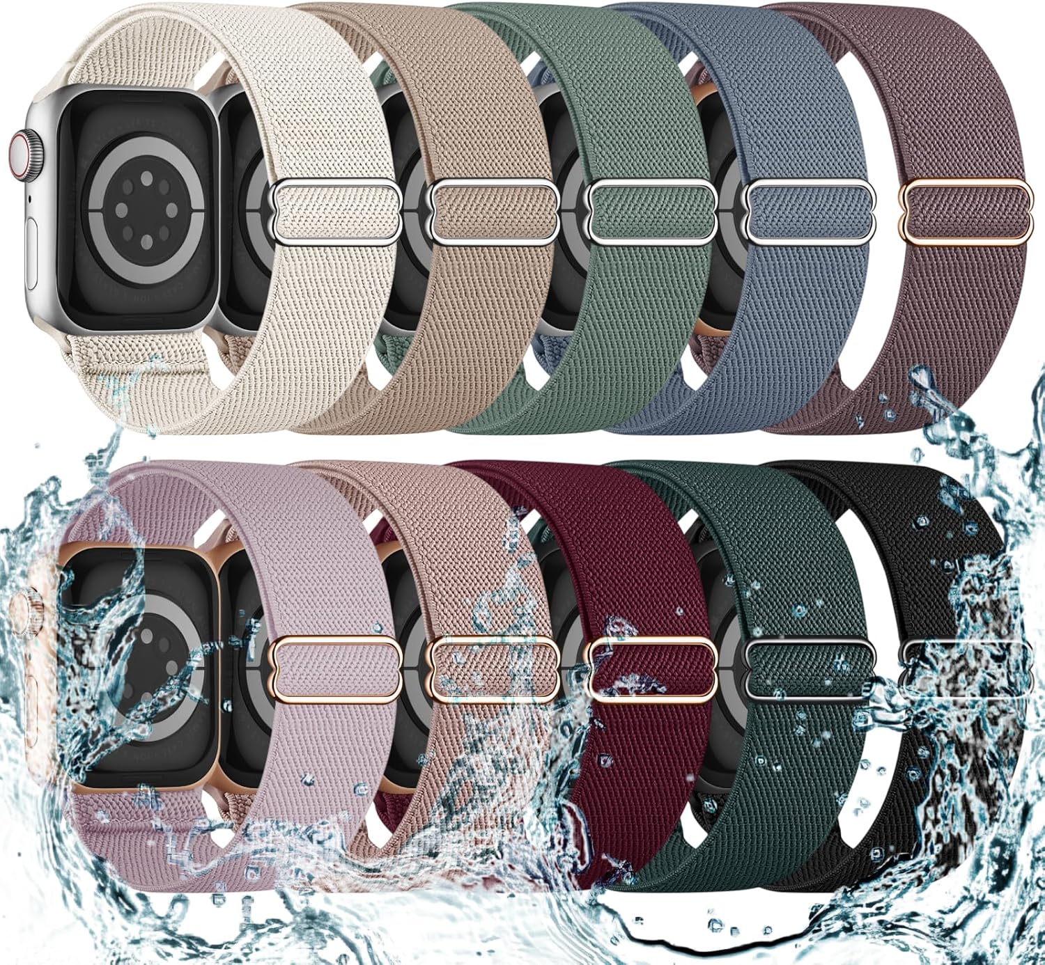 Water-Resistant 10 Pack Stretchy Bands for Apple Watch - Compatible with Multiple Sizes & Series