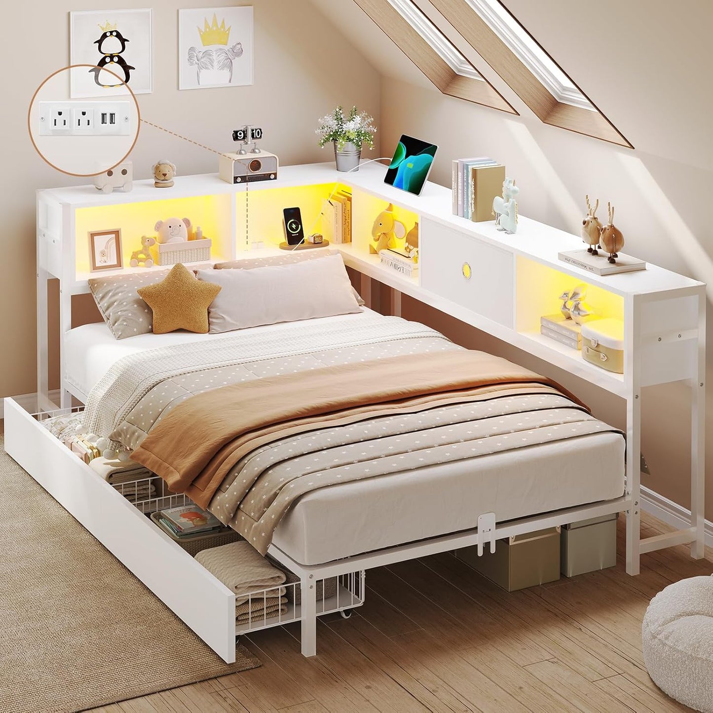 DICTAC Corner Twin Bed Frame with Bookcase and LED Lights