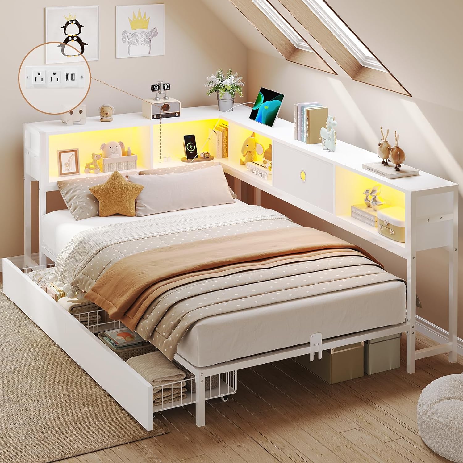 DICTAC Corner Twin Bed Frame with Bookcase and LED Lights