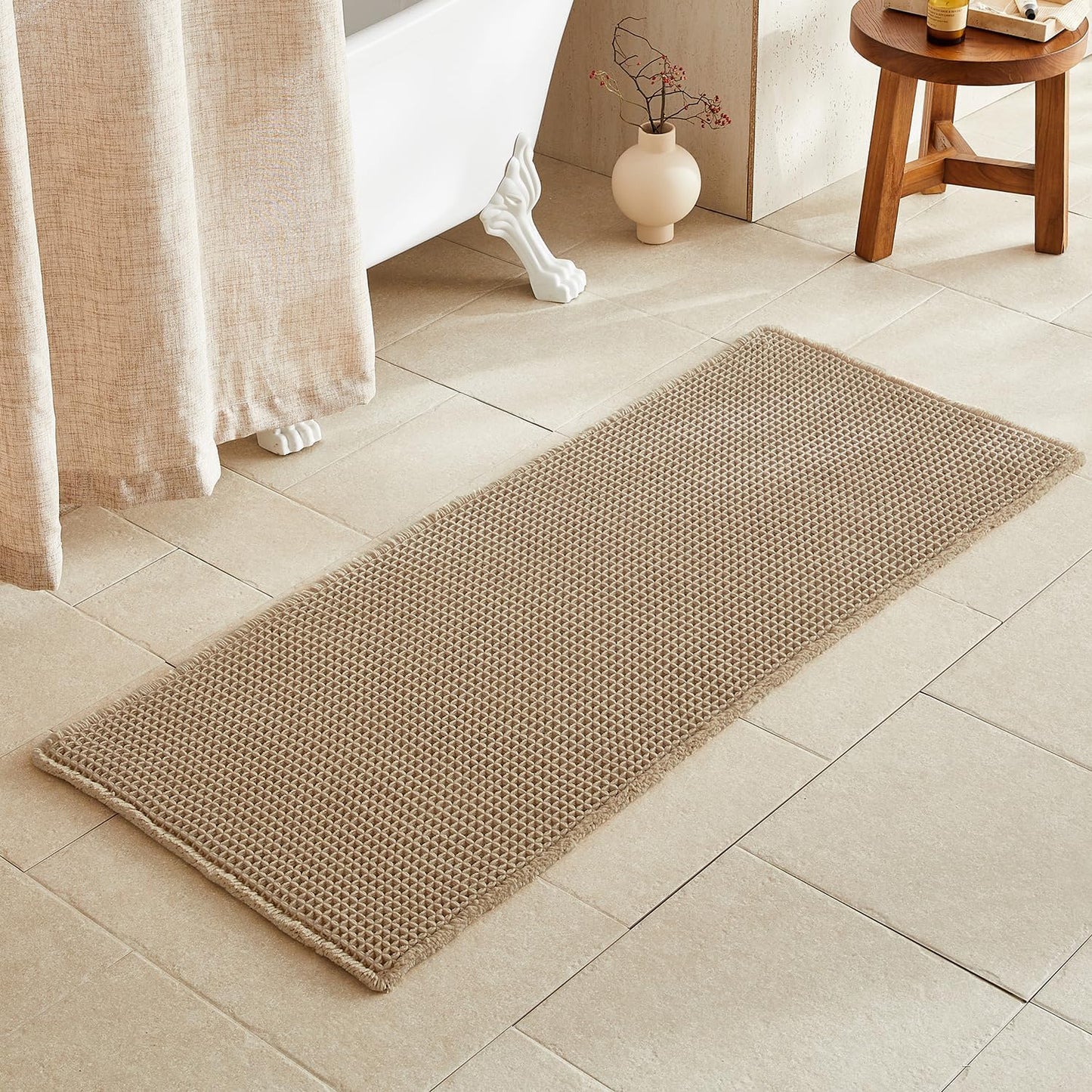 Waffle Runner Rug Bathroom Non Slip Washable Quick Dry 60x24 Khaki