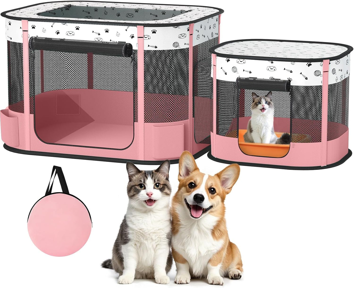 Portable Cat Playpen with Litter Box Area for Indoor Outdoor Use