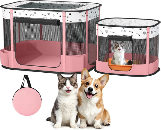Portable Cat Playpen with Litter Box Area for Indoor Outdoor Use