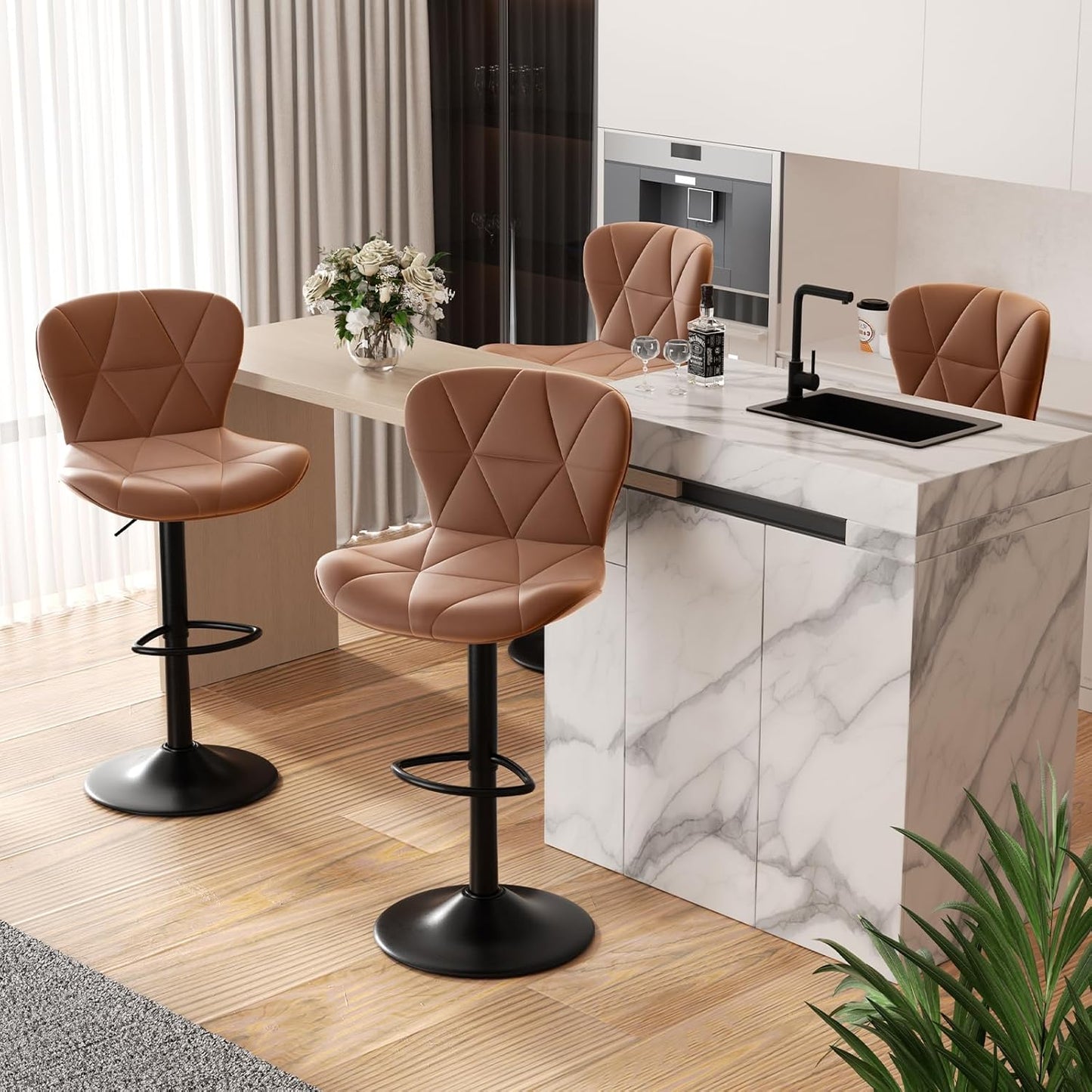 Modern Bar Stools Set of 4 with Adjustable Height and Swivel