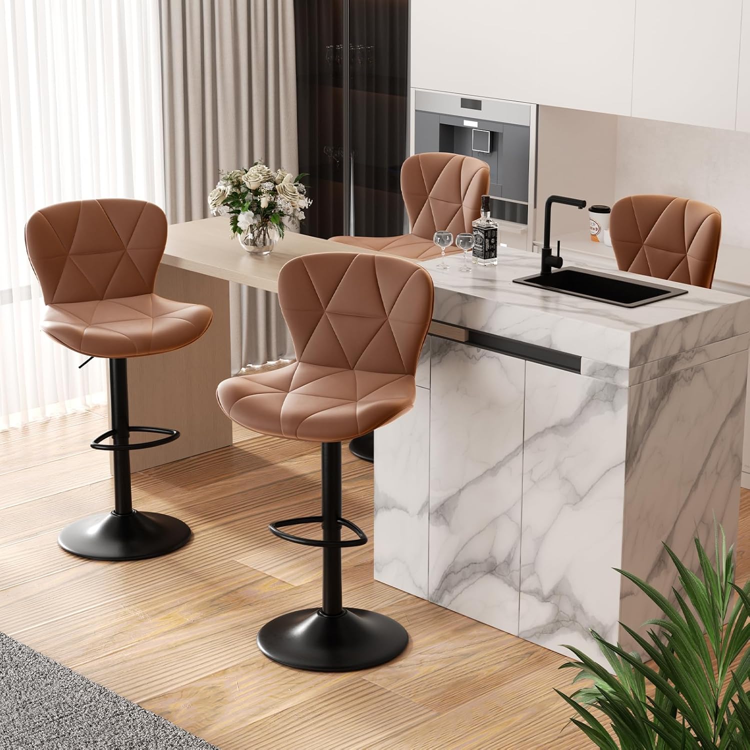 Modern Bar Stools Set of 4 with Adjustable Height and Swivel