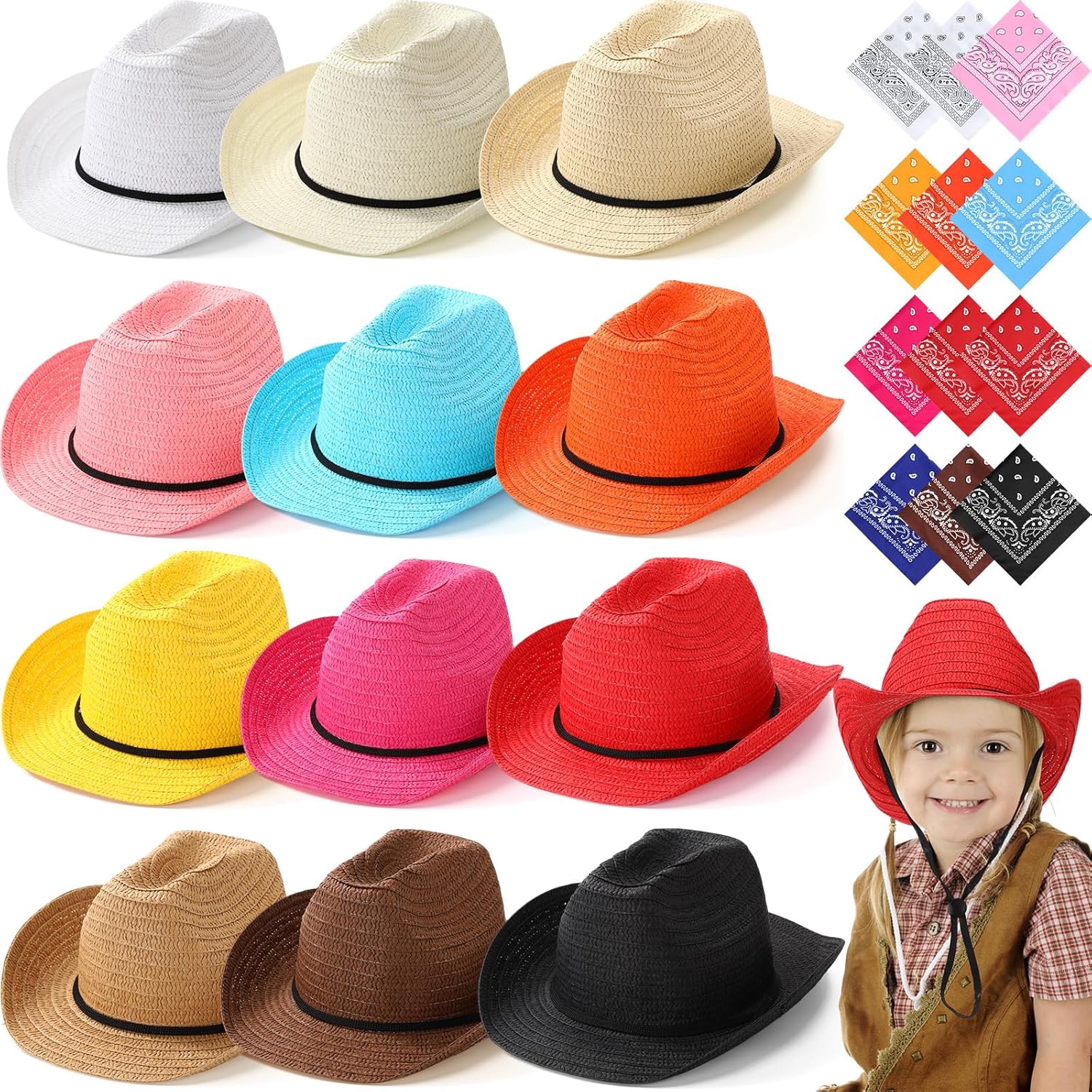 12 Set Kid Cowboy Hat Set for Summer Halloween Party Fun