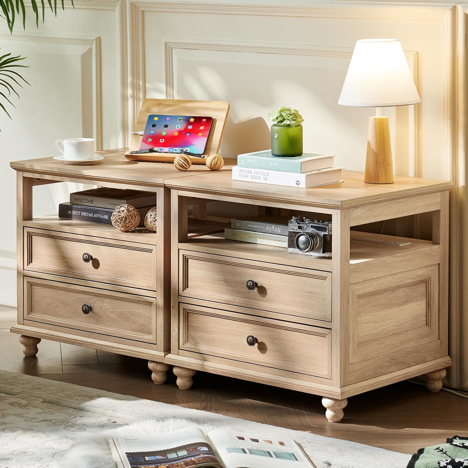 Farmhouse Nightstand Set of 2 with Charging Station for Bedroom