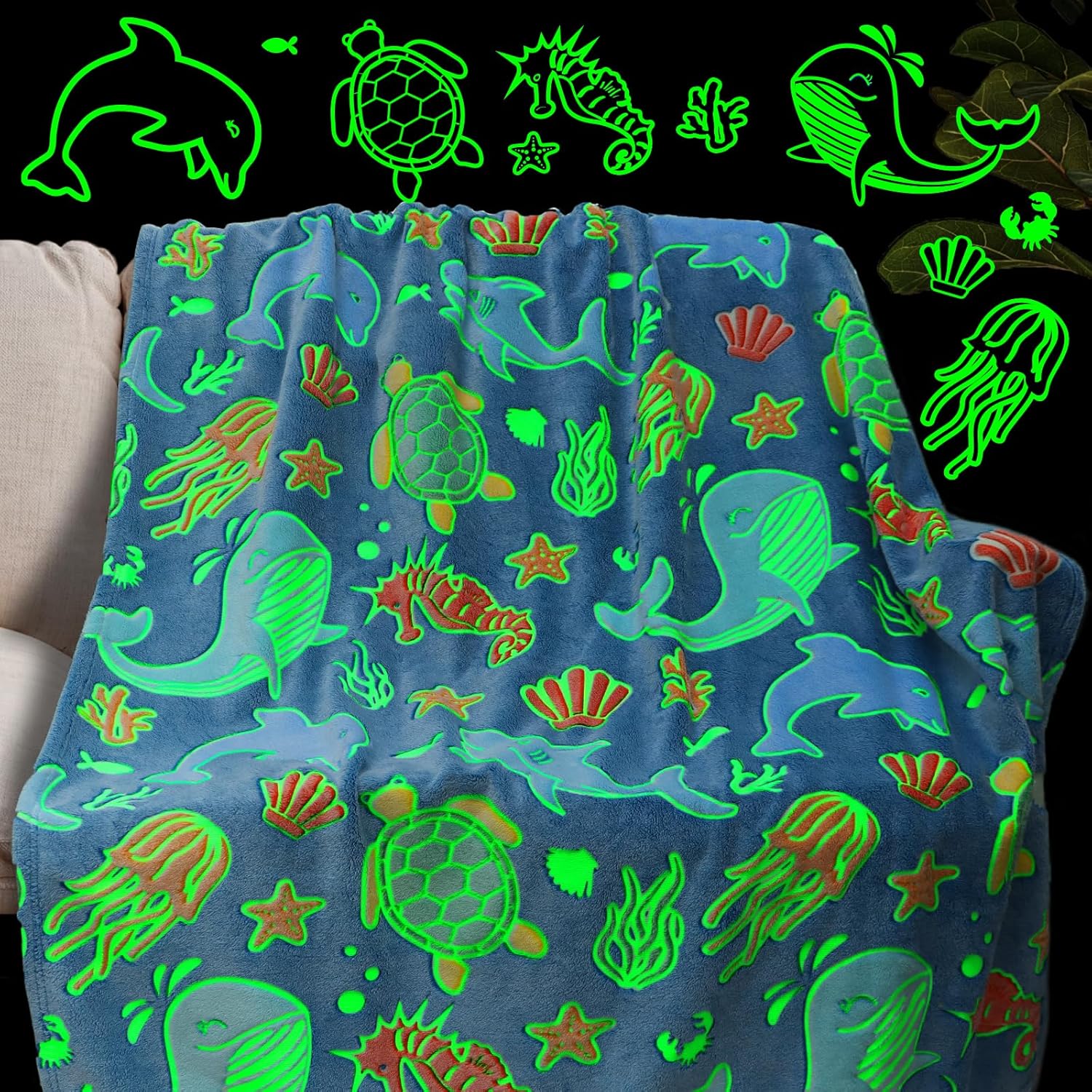 Glow in The Dark Throw Blanket for Kids - Plush Dolphin Design