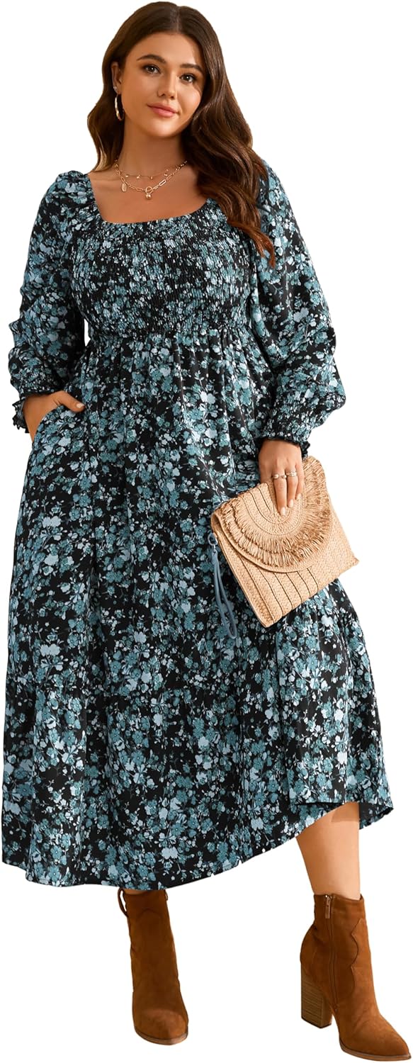 Plus Size Long Sleeve Floral Maxi Dress with Pockets for Women