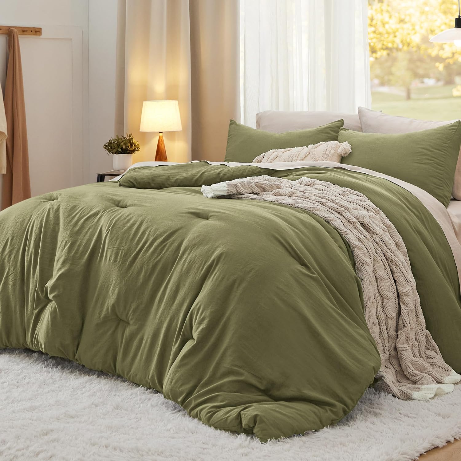 Bedsure Queen Size Comforter Set - Olive Green Soft Bedding