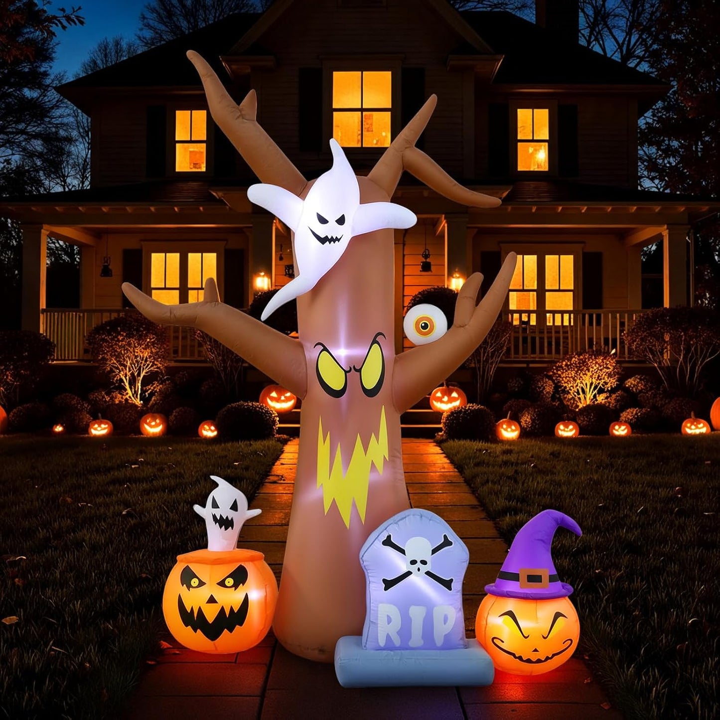 8FT Halloween Inflatables Tree with Ghosts and Pumpkins for Decor