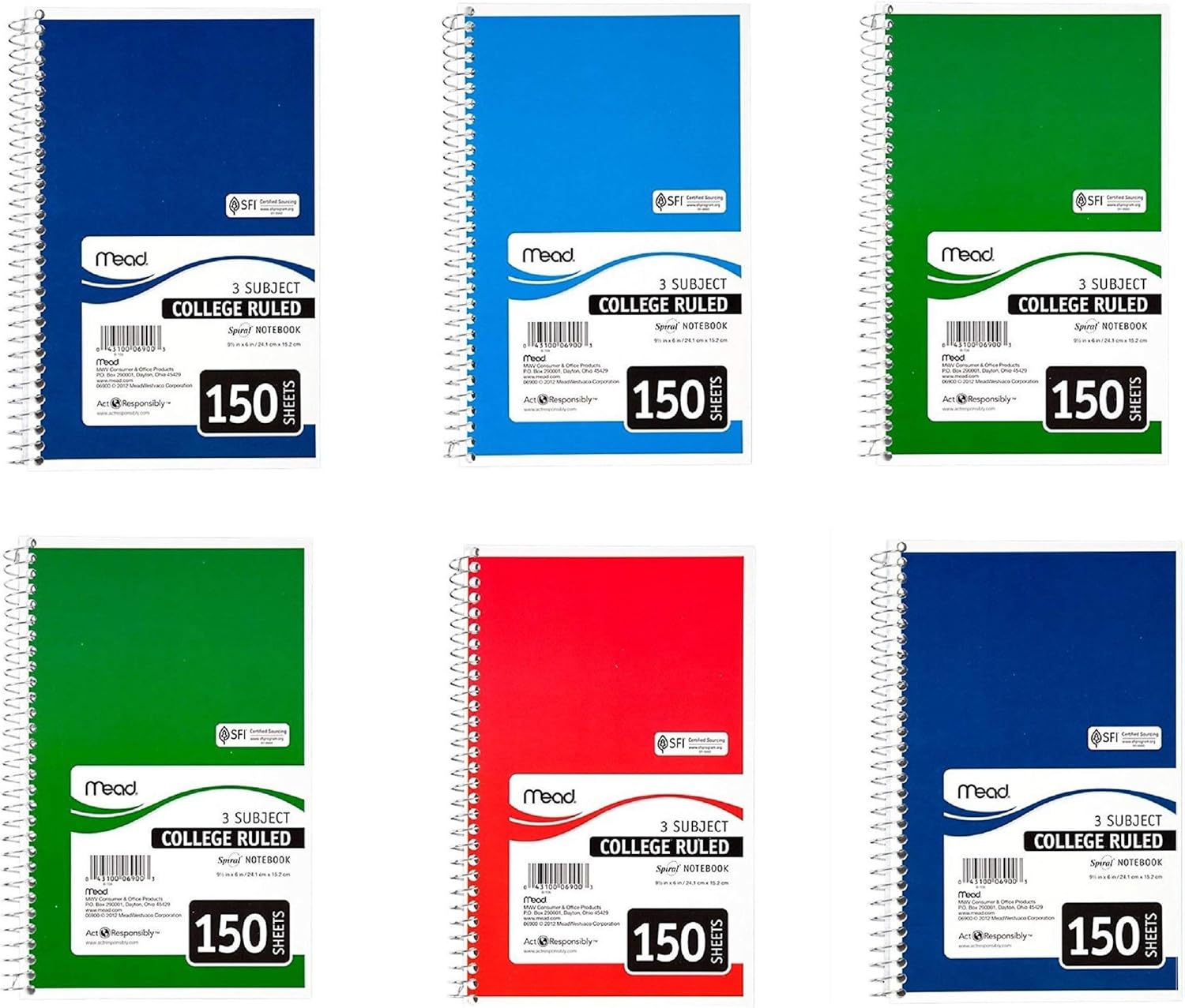6-Pack Mead Spiral Notebook, College Rule, 6x9.5