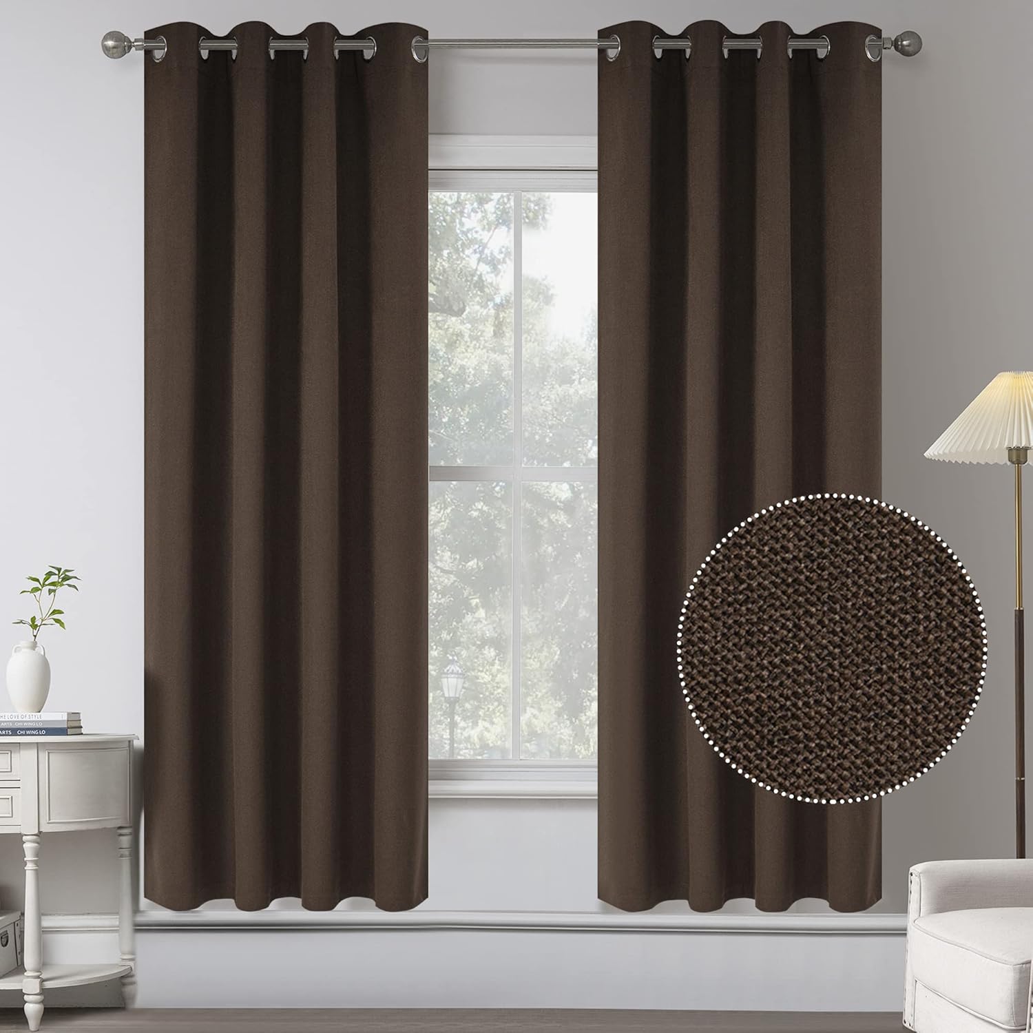 Coffee Brown Linen 100% Blackout Curtains for Bedroom - 63 in Long