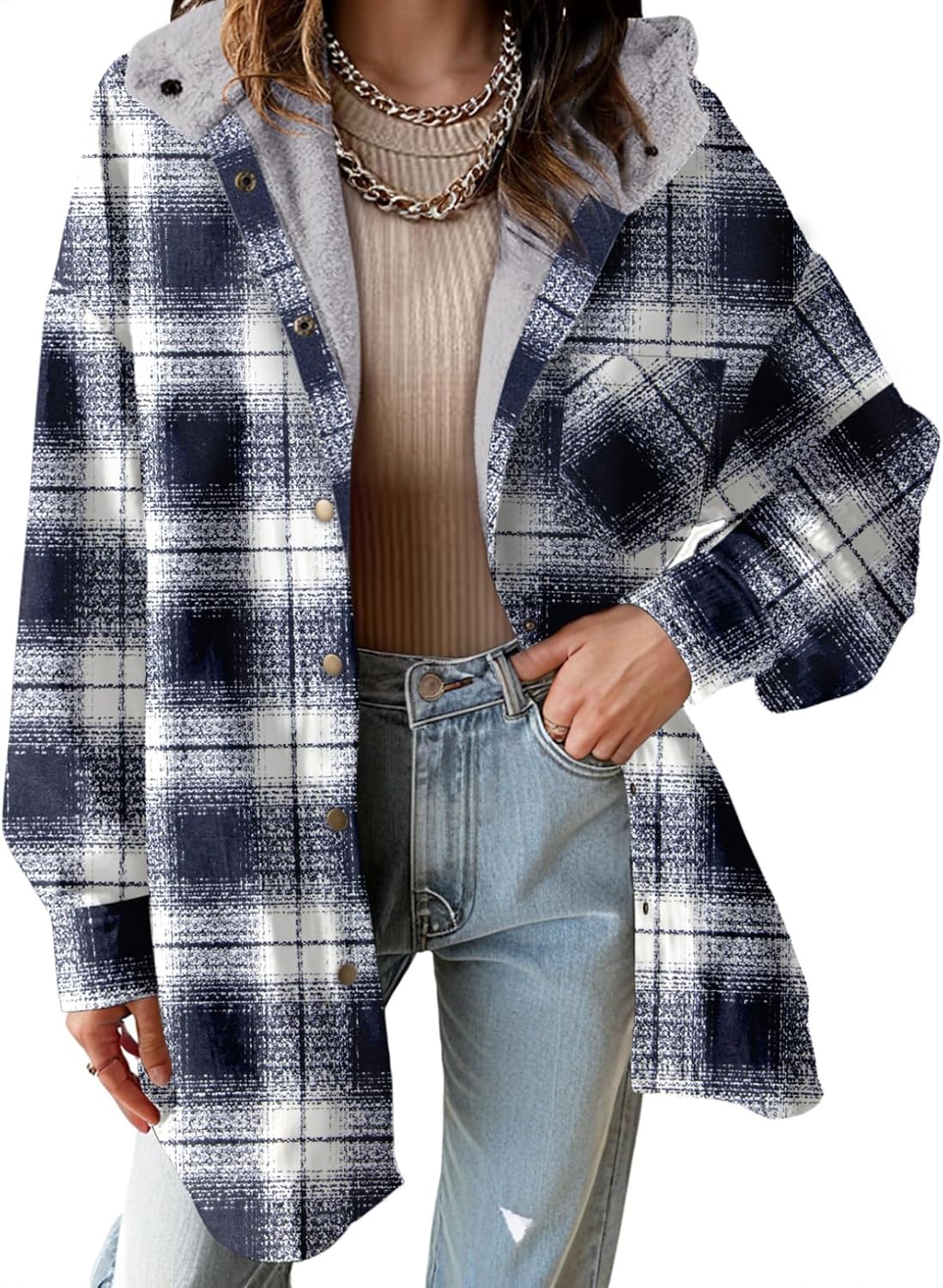 Dokotoo Women's Flannel Hooded Plaid Shacket for Winter Warmth