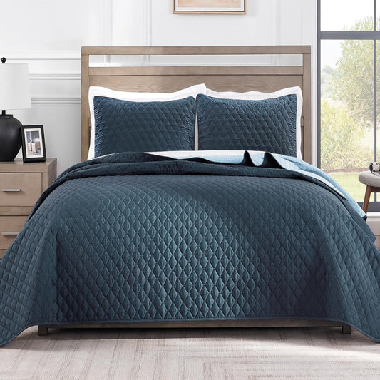 Reversible Full Queen Quilt Set for All Seasons - Navy Blue
