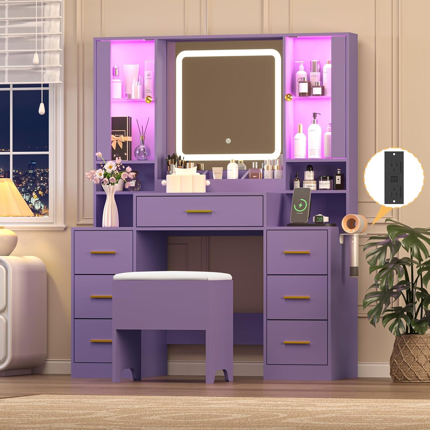 Purple Makeup Vanity Desk with Mirror & Lights for Modern Style