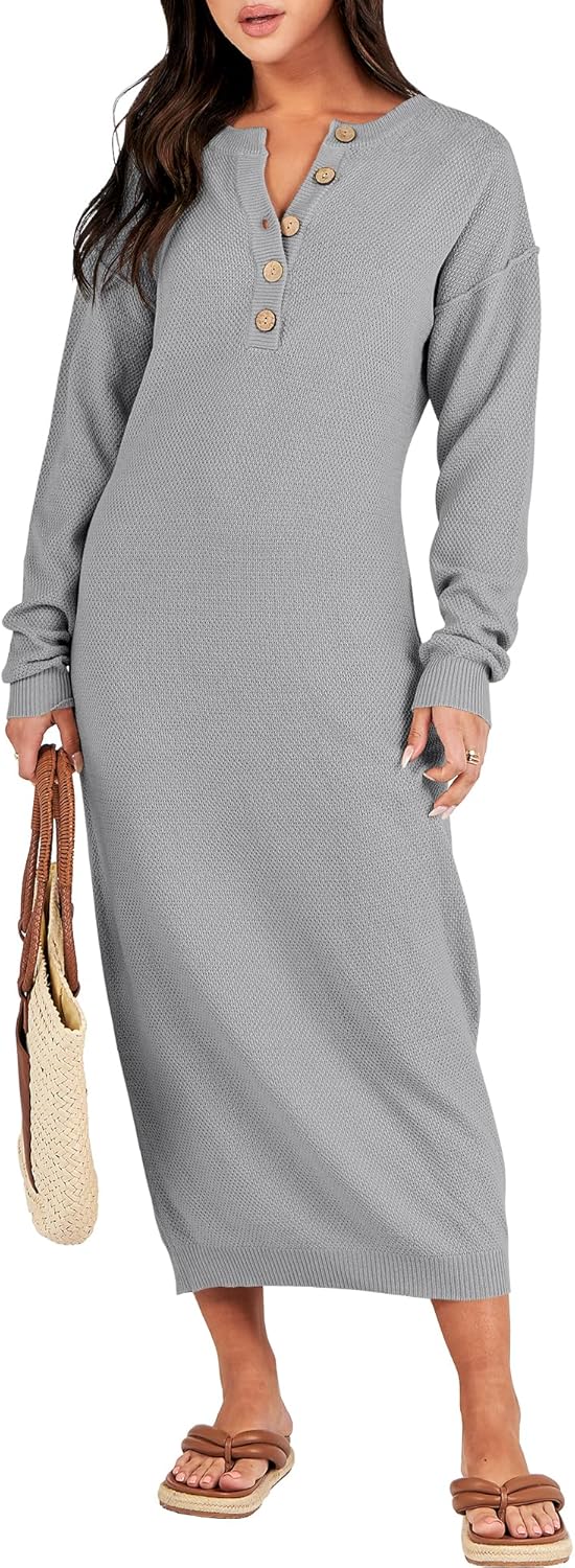 Stylish Women Long Sleeve V Neck Oversized Midi Sweater Dress