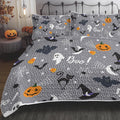 Cute Witch and Cat Grey Quilt Set - Pumpkin Halloween Patterns Queen