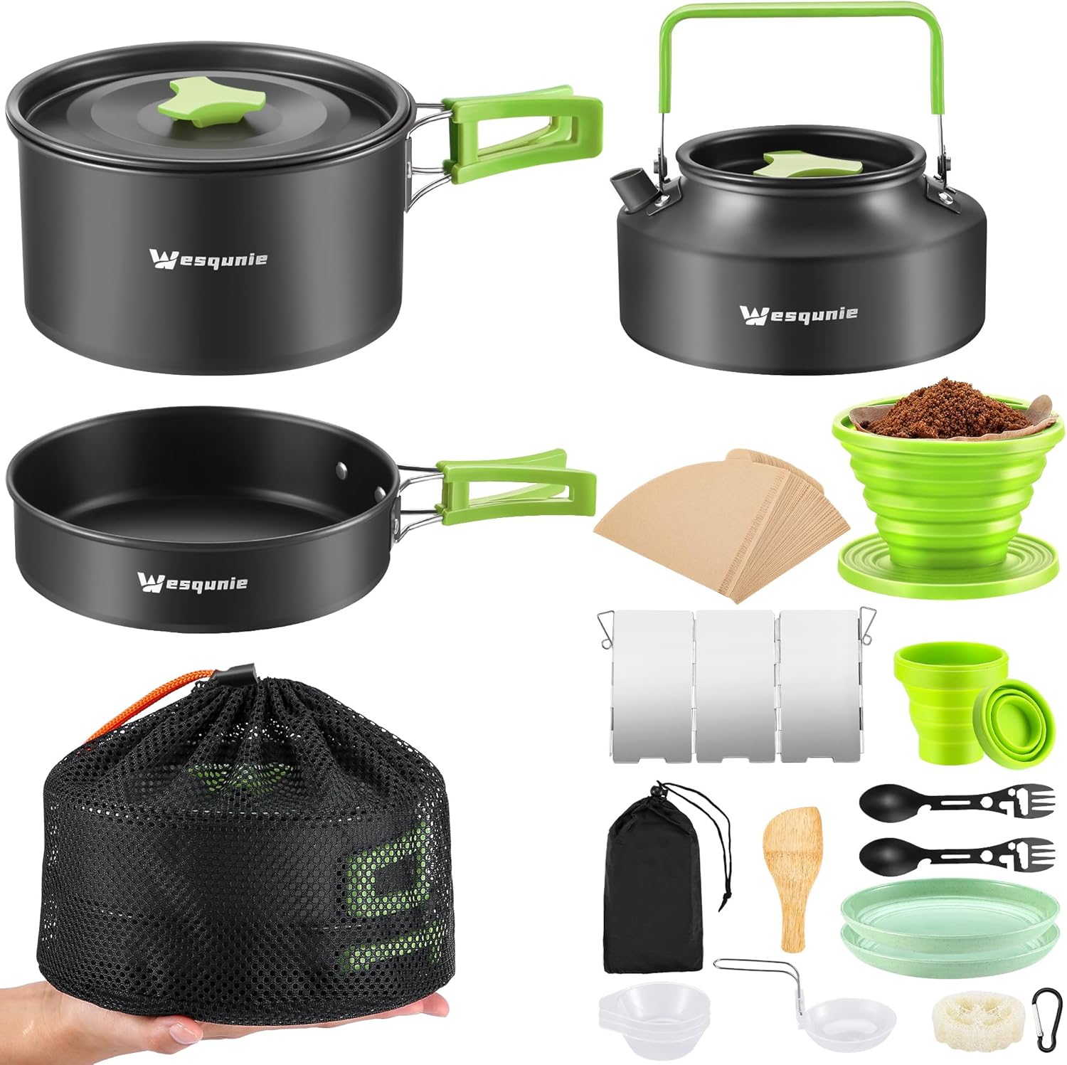 Compact Camp Cookware Set - Non-Stick Pot Pan Kit