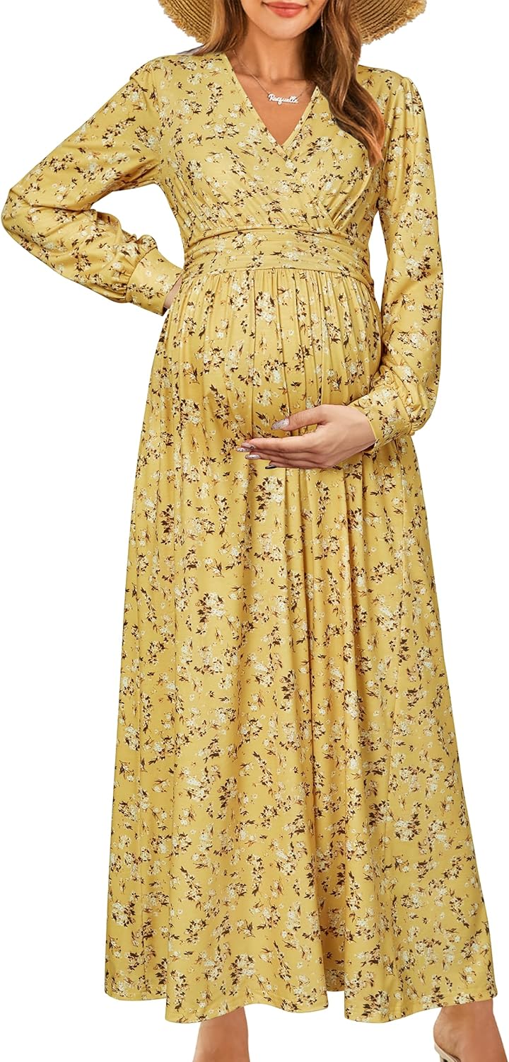 OUGES Fall Maternity Maxi Dress for Baby Shower and Photoshoot