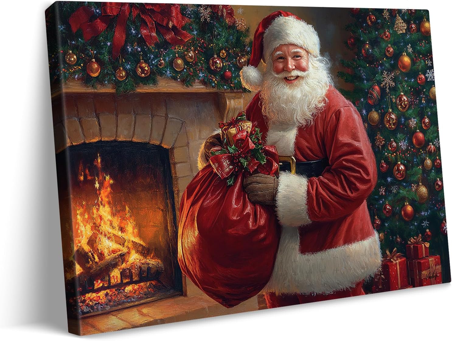 Rustic Christmas Canvas Wall Art with Smiling Santa Decor