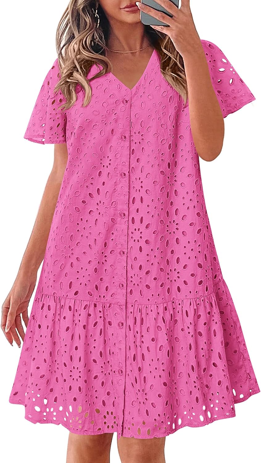 KIRUNDO Summer Dresses for Women 2025 Eyelet Button Down V Neck